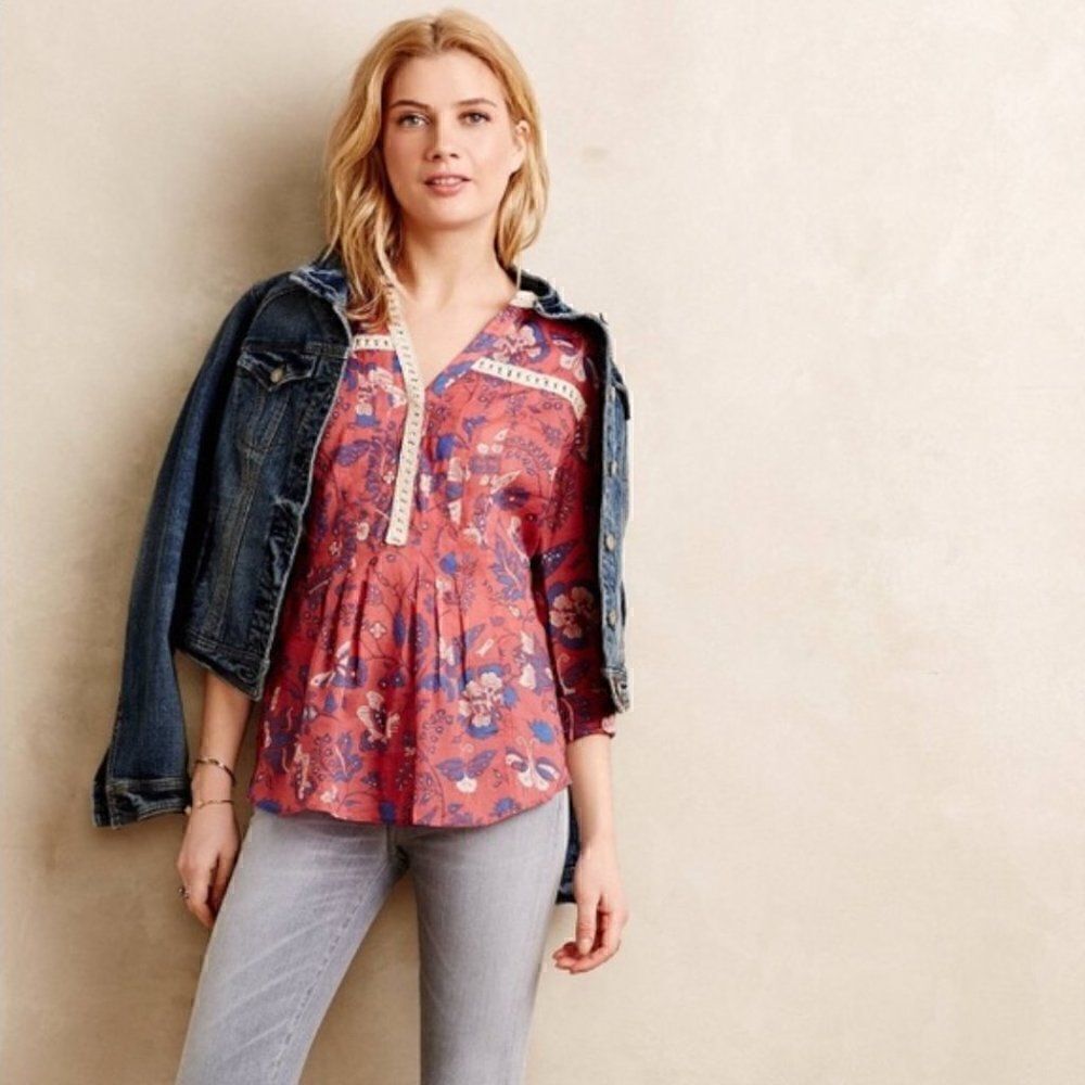 Anthropologie Maeve Abella Pintuck Blouse 2 Pink Crochet Trim